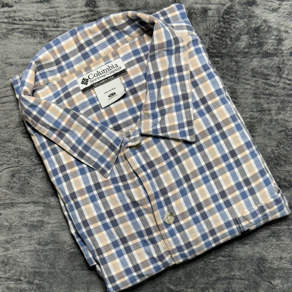 Columbia Button‎ Down Shirt Mens XLT Blue Tan Plaid SP05 AJ7081